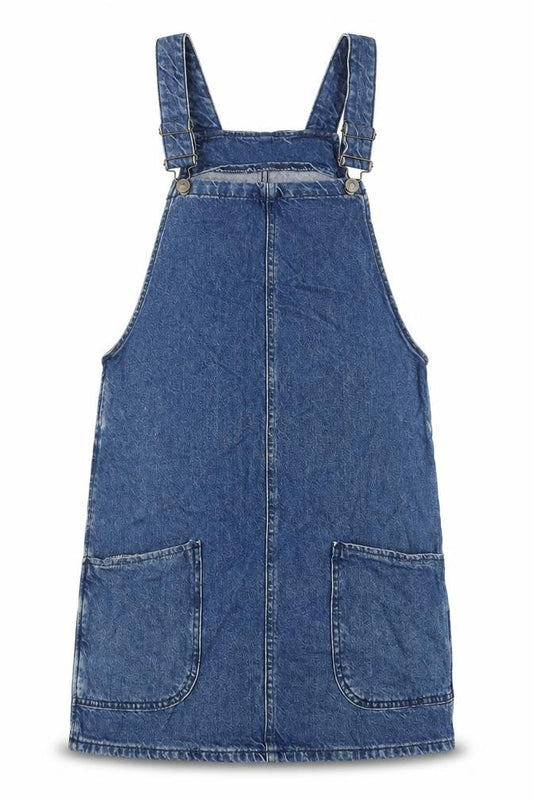 Front view of New Look women’s blue cotton pinafore/dungaree dress, size UK 8, square neck button