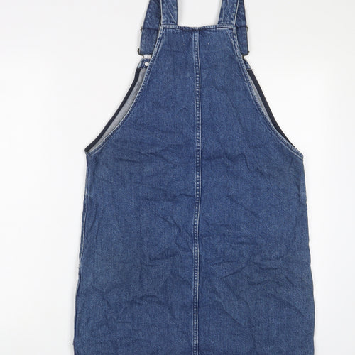 New Look Womens Blue Cotton Pinafore/Dungaree Dress Size 8 Square Neck Button