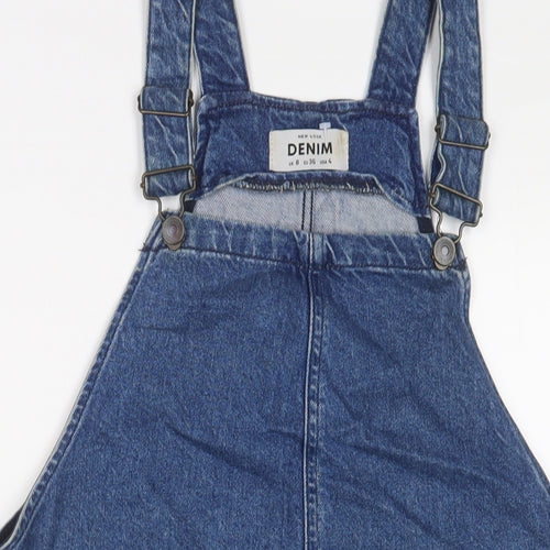 New Look Womens Blue Cotton Pinafore/Dungaree Dress Size 8 Square Neck Button