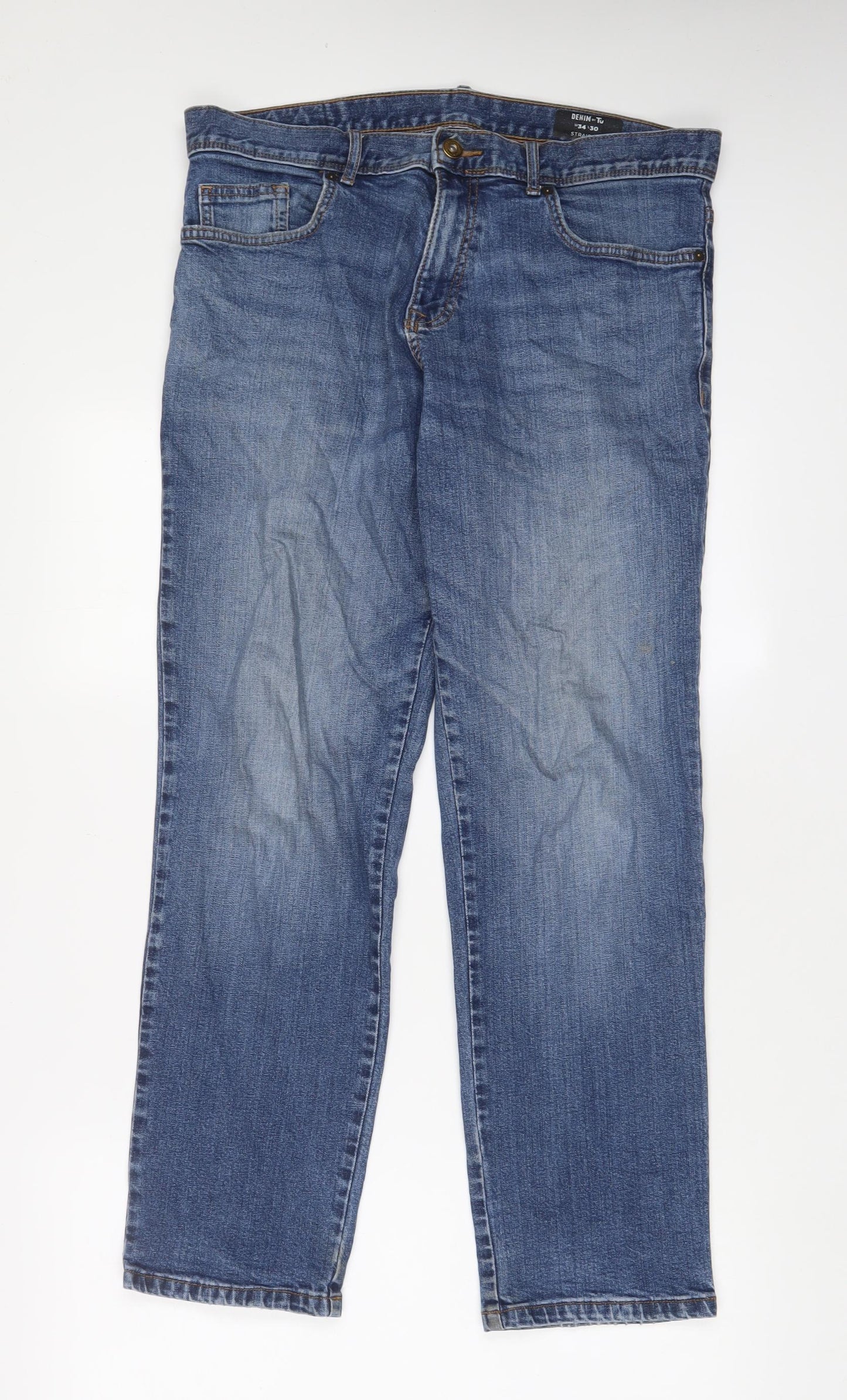 TU Mens Blue Cotton Straight Jeans Size 34 in L30 in Regular Zip - Short Leg, Pockets