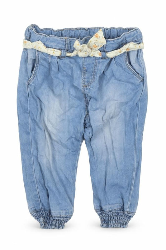 Front view of Zara girls’ blue cotton jogger jeans, size 6-9, months pullover