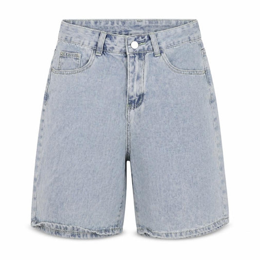 Front view of SY Jeans women’s blue polyester blend boyfriend shorts, size M, 7-inch leg regular zip