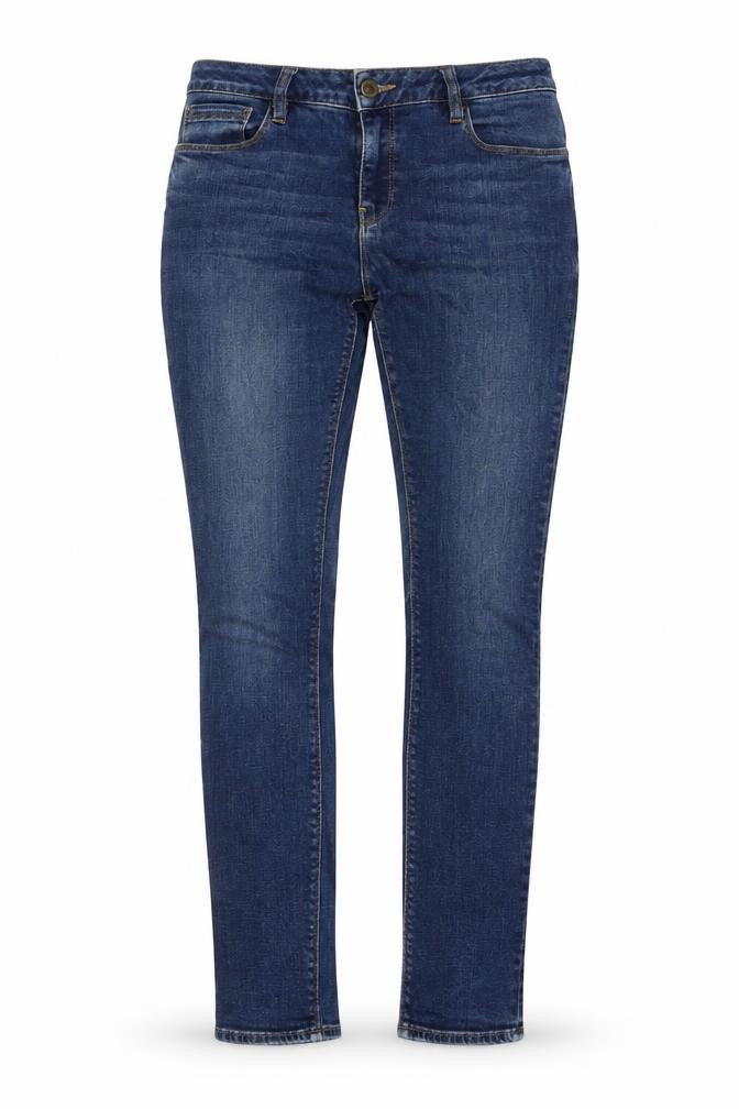 Front view of Warehouse women’s blue polyester blend skinny jeans, size UK 10, 28-inch leg regular zip