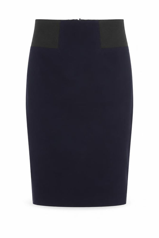 Front view of ASOS women’s blue polyester bandage skirt, size UK 8, zip