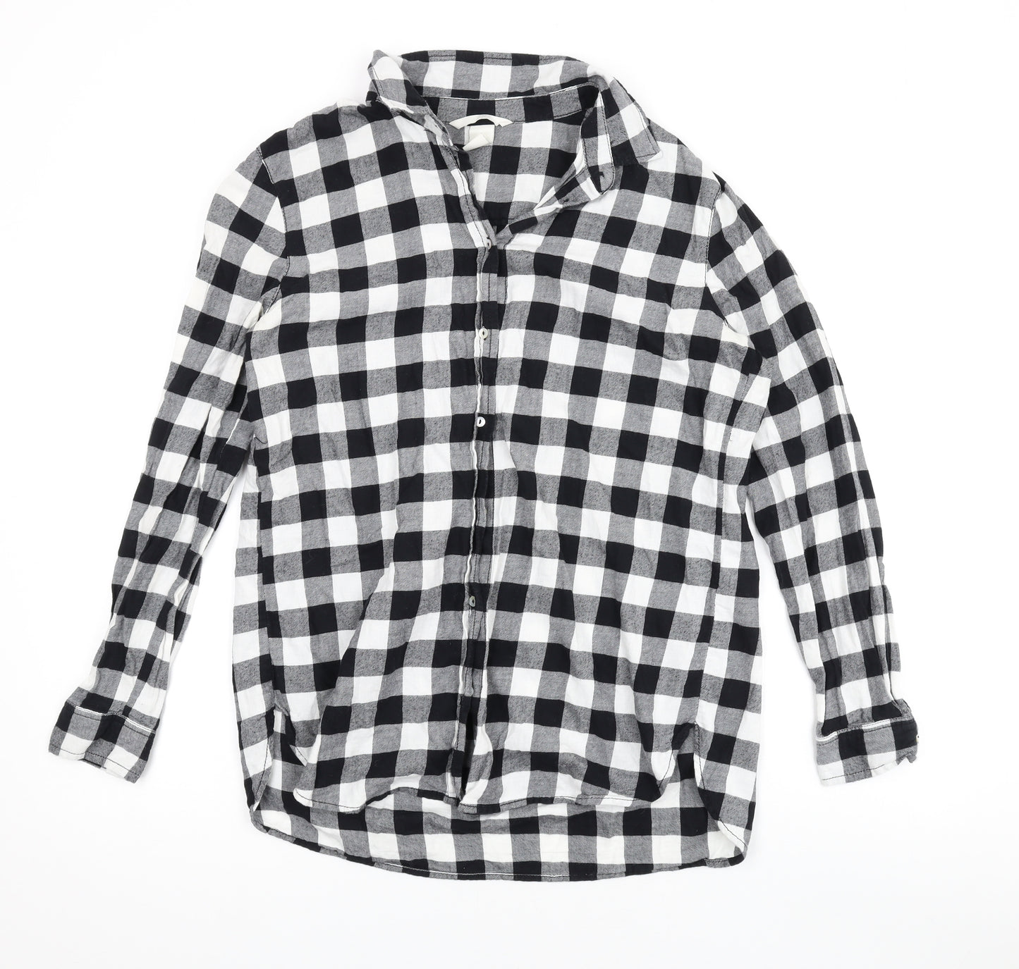 H&M Womens Black Check Cotton Basic Button-Up Size 8 V-Neck