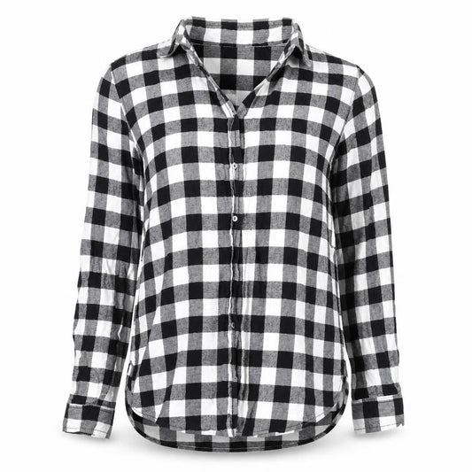 Front view of H&M women’s black check cotton basic button-up, size UK 8, v-neck