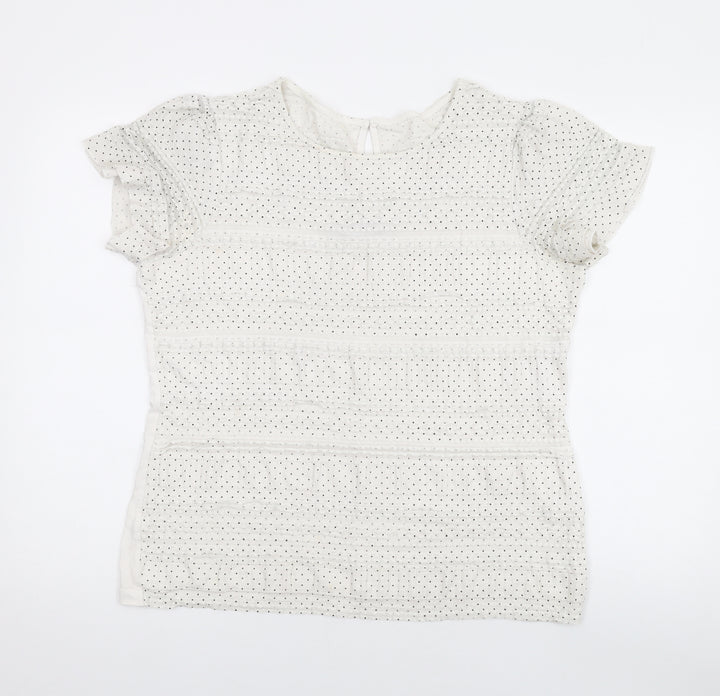 Dorothy Perkins Womens Ivory Polka Dot Cotton Basic T-Shirt Size 16 Round Neck