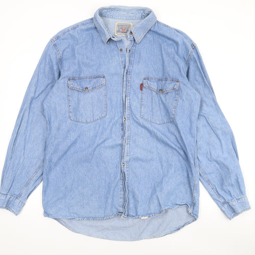 Carrera Mens Blue Cotton Button-Up Size 2XL Collared Snap