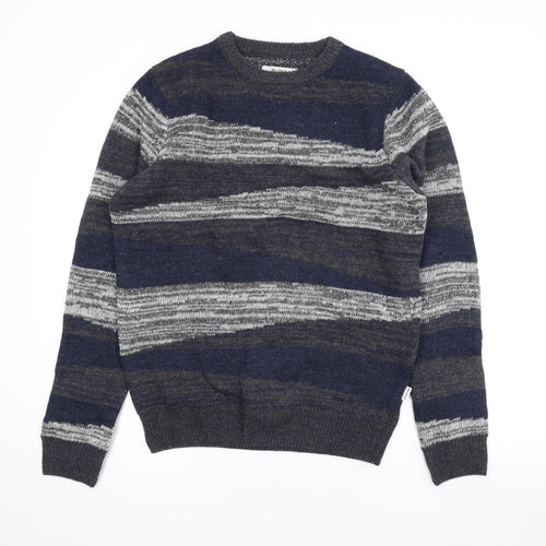 Bellfield Mens Multicoloured Round Neck Striped Acrylic Pullover Jumper Size M Long Sleeve