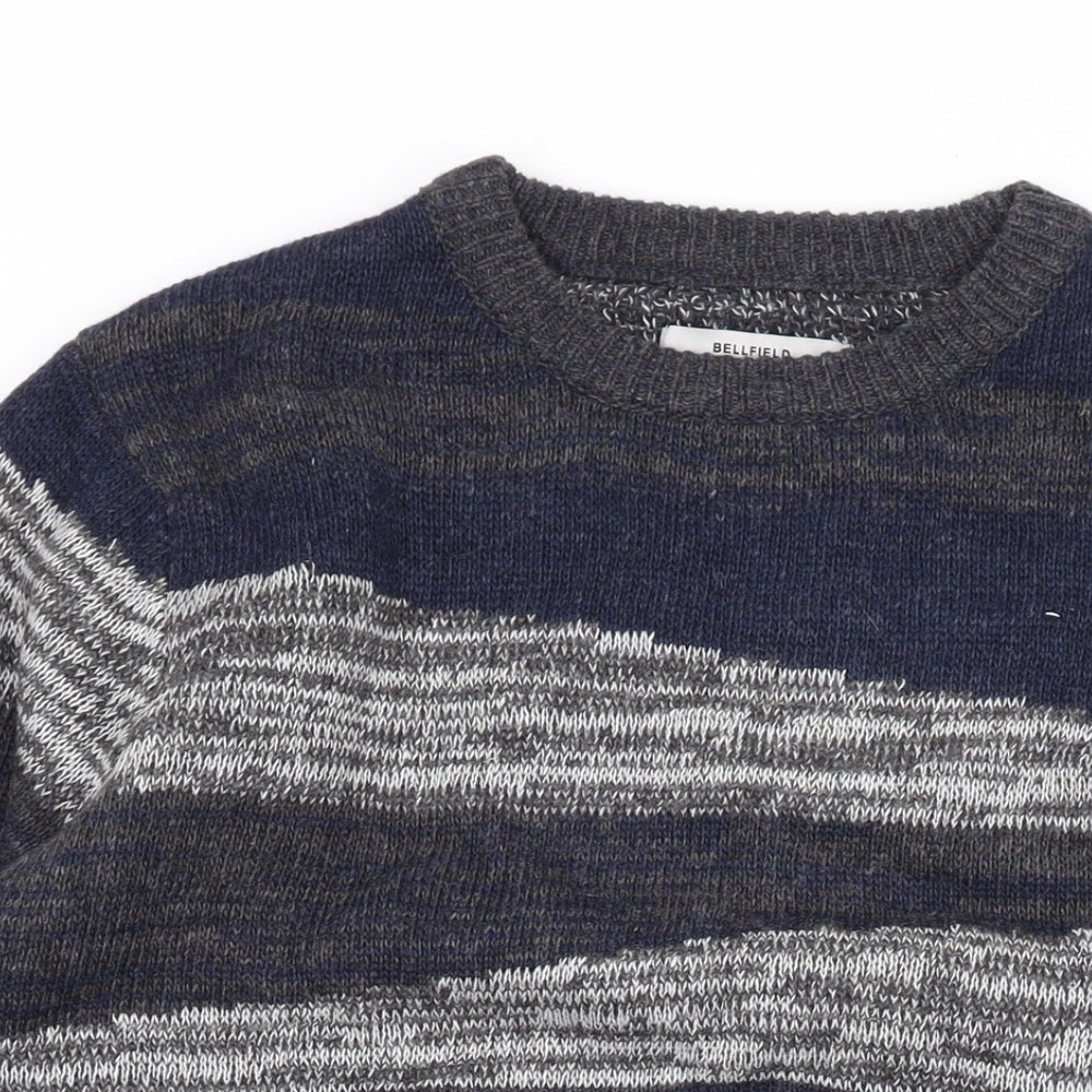 Bellfield Mens Multicoloured Round Neck Striped Acrylic Pullover Jumper Size M Long Sleeve