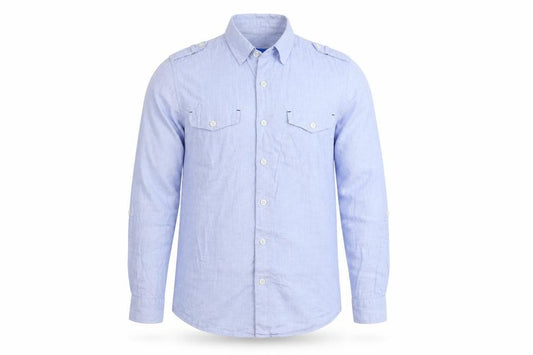 Front view of Topman men’s blue cotton button-up, size S, collared button