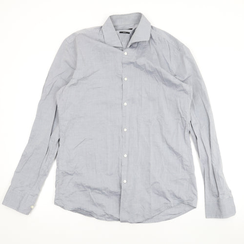 Boss Mens Grey Cotton Button-Up Size 40 Collared Button