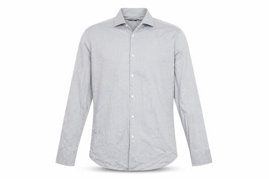 Front view of BOSS men’s grey cotton button-up, size 40, collared button