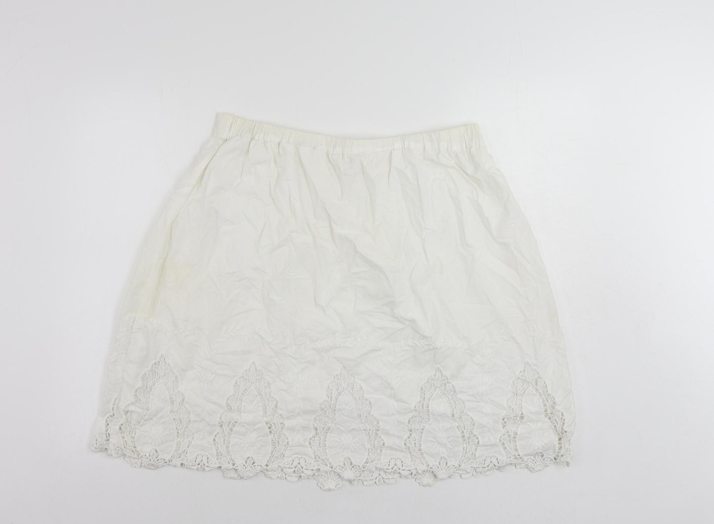Marks and Spencer Womens White Cotton A-Line Skirt Size 14 - Embroidered