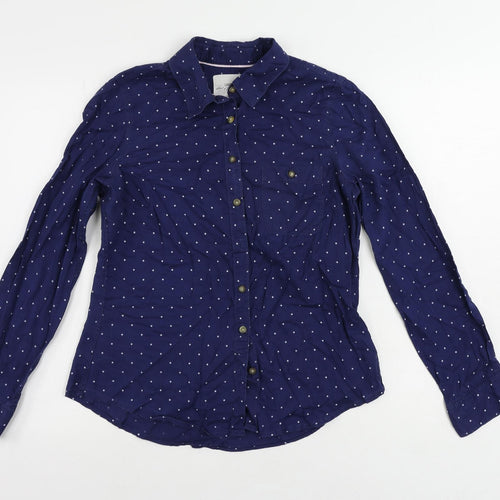 H&M Womens Blue Polka Dot Cotton Basic Button-Up Size 10 Collared