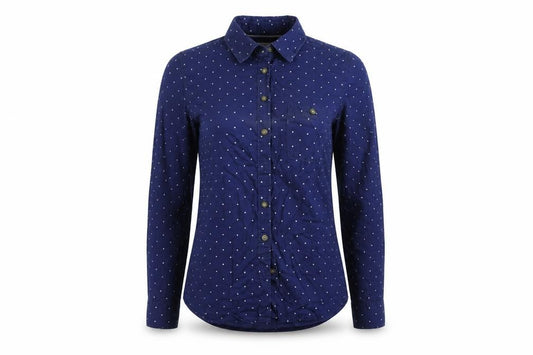 Front view of H&M women’s blue polka dot cotton basic button-up, size UK 10, collared