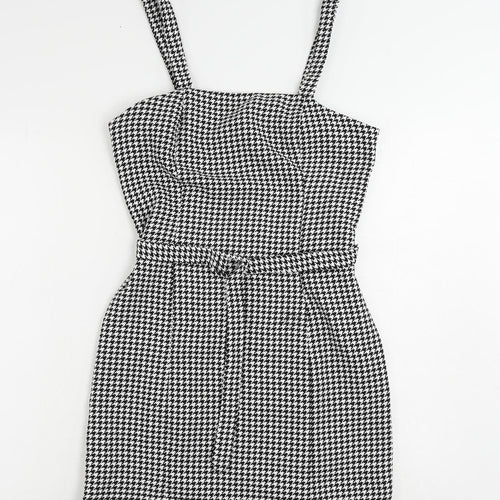 New Look Womens Black Geometric Polyester Mini Size 8 Square Neck Zip - Belted