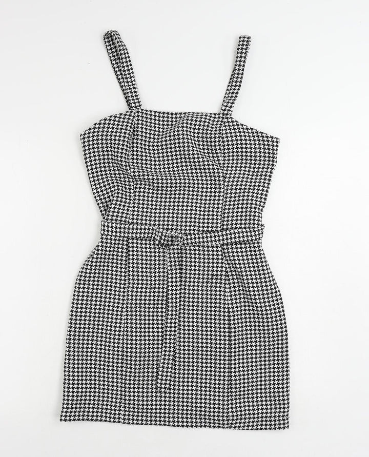 New Look Womens Black Geometric Polyester Mini Size 8 Square Neck Zip - Belted