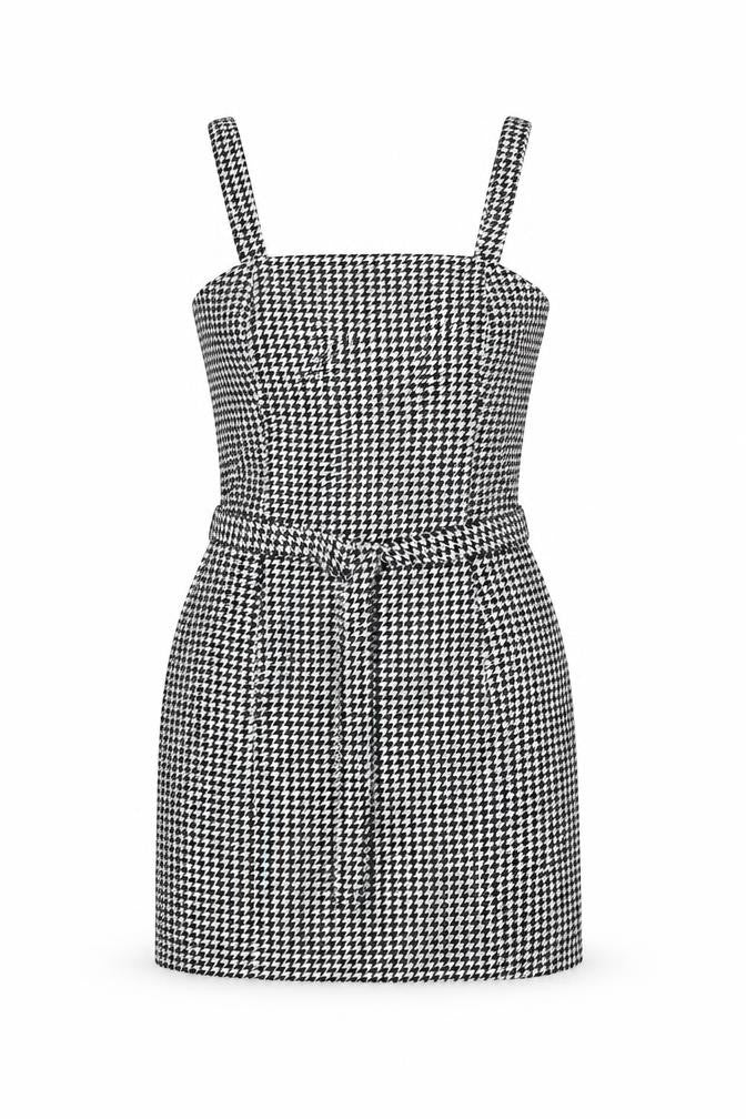 Front view of New Look women’s black geometric polyester mini, size UK 8, square neck zip - belted