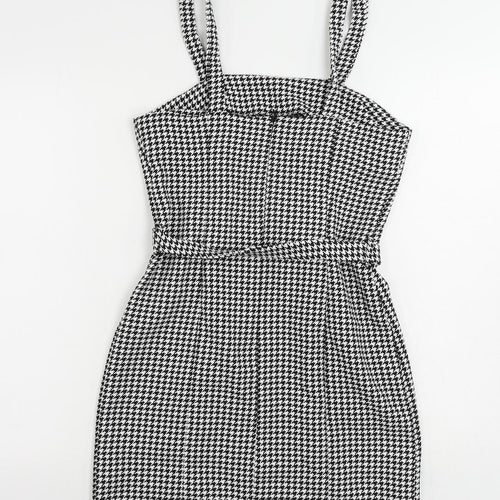 New Look Womens Black Geometric Polyester Mini Size 8 Square Neck Zip - Belted