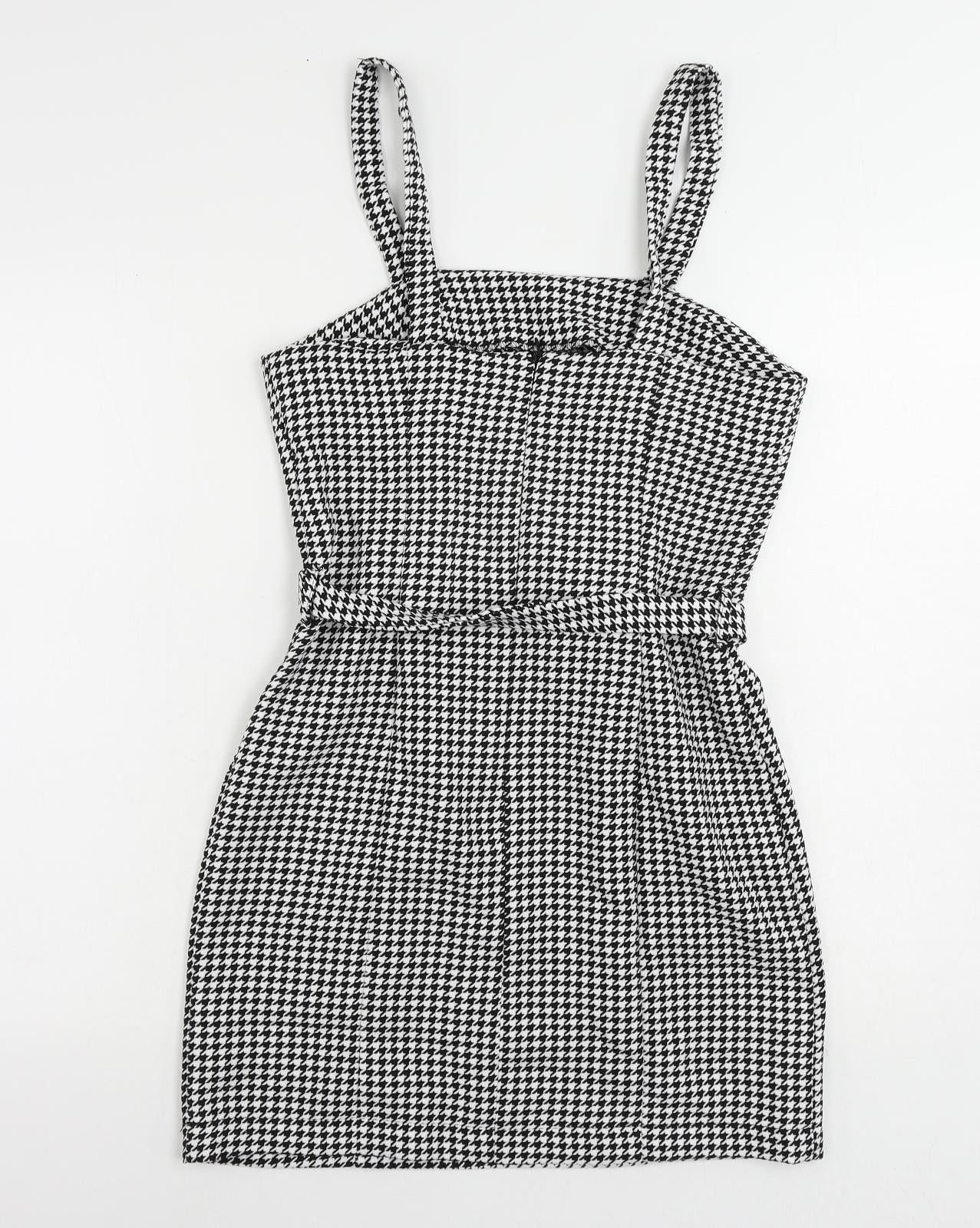 New Look Womens Black Geometric Polyester Mini Size 8 Square Neck Zip - Belted