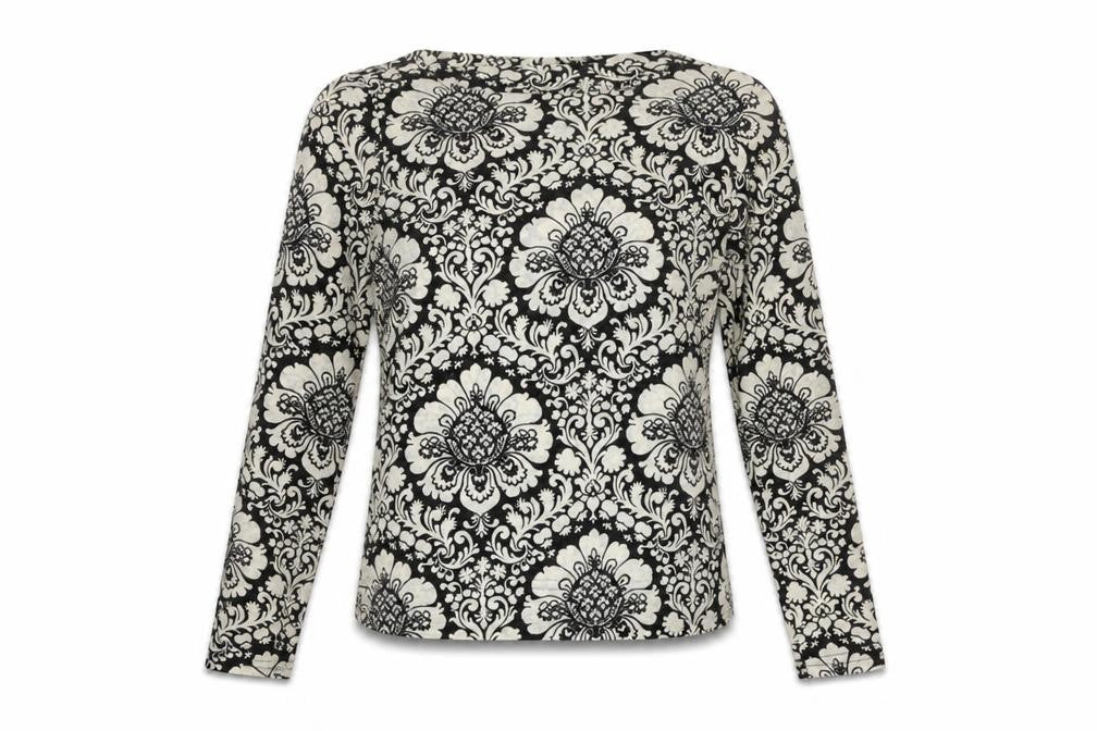 Front view of Wallis women’s black paisley polyester basic blouse, size UK 12, boat neck - slash neckline