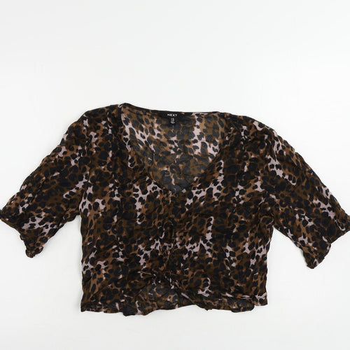 NEXT Womens Brown Animal Print Cotton Cropped Blouse Size 12 V-Neck - Ruched Detail