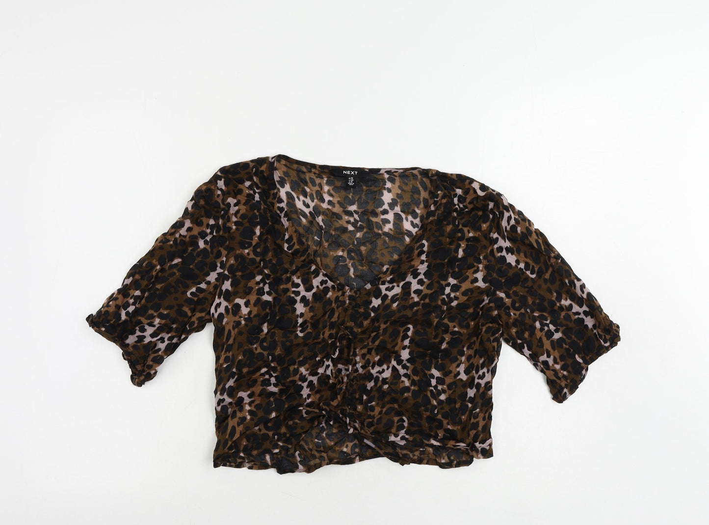 NEXT Womens Brown Animal Print Cotton Cropped Blouse Size 12 V-Neck - Ruched Detail