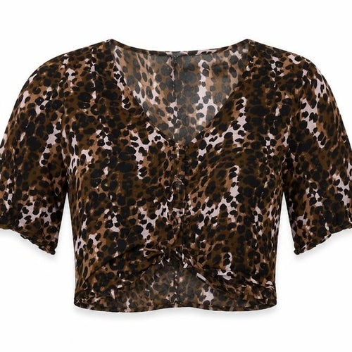NEXT Womens Brown Animal Print Cotton Cropped Blouse Size 12 V-Neck - Ruched Detail