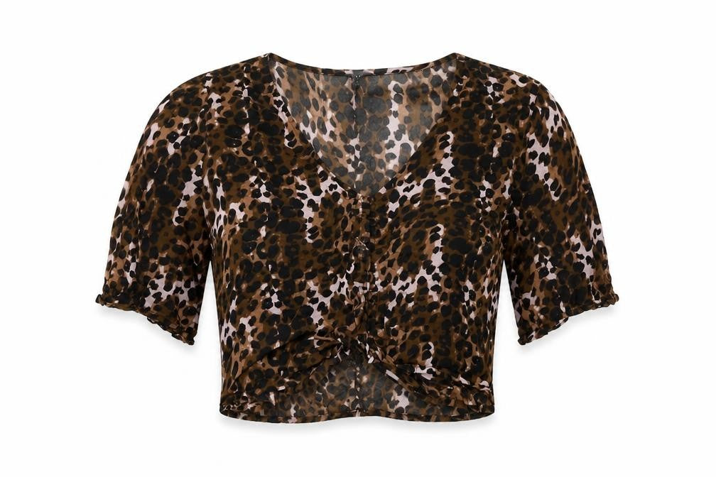 NEXT Womens Brown Animal Print Cotton Cropped Blouse Size 12 V-Neck - Ruched Detail