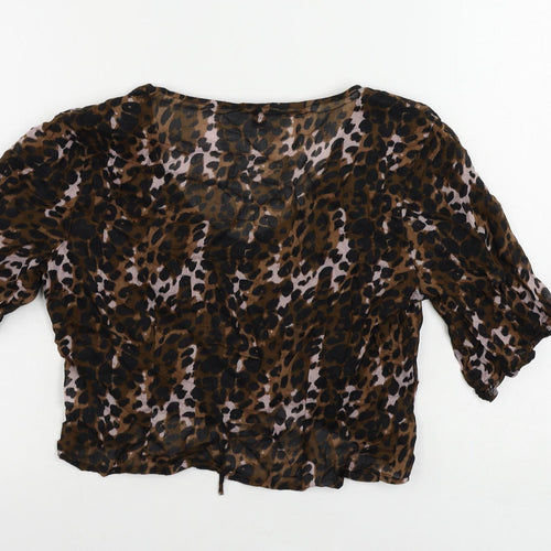 NEXT Womens Brown Animal Print Cotton Cropped Blouse Size 12 V-Neck - Ruched Detail
