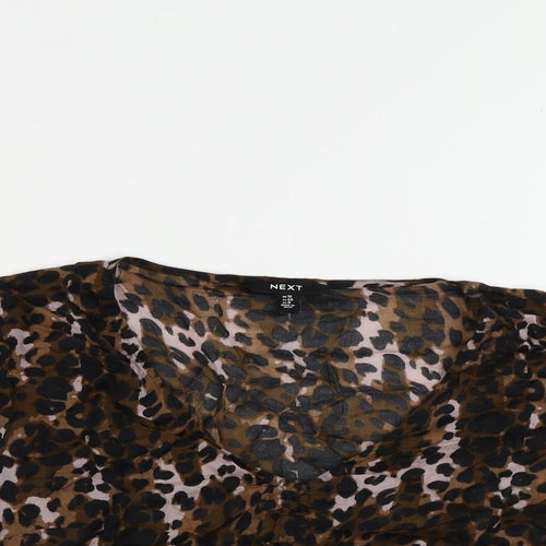 NEXT Womens Brown Animal Print Cotton Cropped Blouse Size 12 V-Neck - Ruched Detail