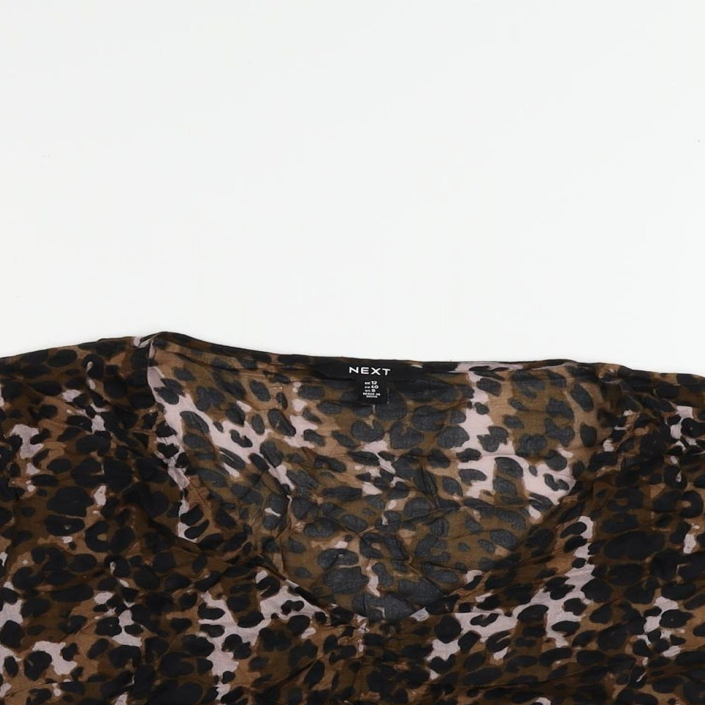 NEXT Womens Brown Animal Print Cotton Cropped Blouse Size 12 V-Neck - Ruched Detail