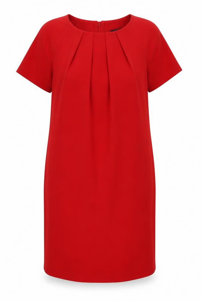 Front view of Marks & Spencer women’s red polyester shift, size UK 12, boat neck zip - pockets