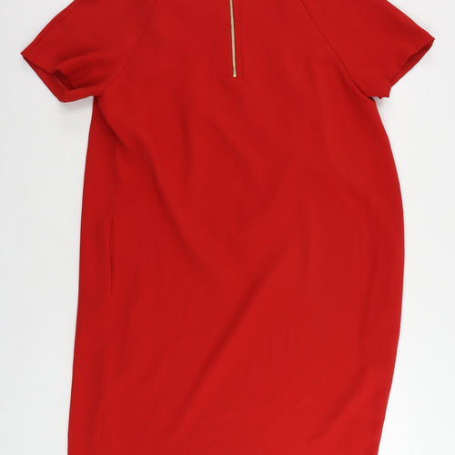 Marks and Spencer Womens Red Polyester Shift Size 12 Boat Neck Zip - Pockets