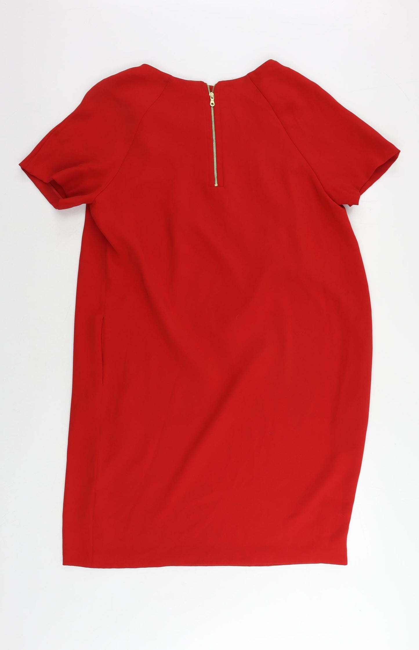 Marks and Spencer Womens Red Polyester Shift Size 12 Boat Neck Zip - Pockets