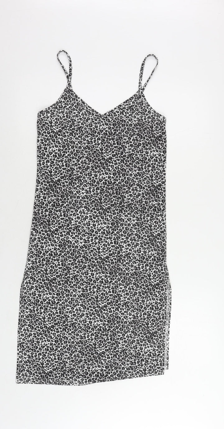 Boohoo Womens Grey Animal Print Polyester Slip Dress Size 8 V-Neck Pullover