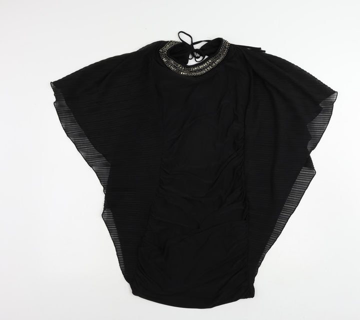 Jane Norman Womens Black Polyester Bodycon Size 10 Roll Neck Tie - Embellished Neckline