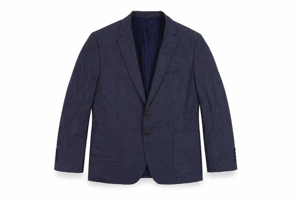 Front view of Marks & Spencer men’s blue polyester jacket suit jacket, size 46, regular