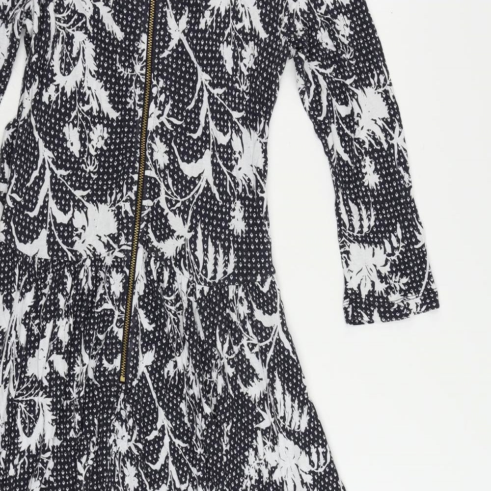 French Connection Womens Blue Geometric Viscose Fit & Flare Size 14 Round Neck Zip