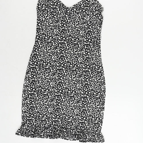 PRETTYLITTLETHING Womens Black Polka Dot Polyester Mini Size 4 V-Neck Pullover - Ruffle
