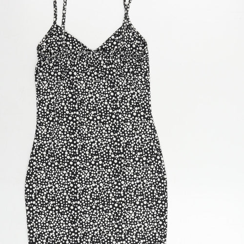 PRETTYLITTLETHING Womens Black Polka Dot Polyester Mini Size 4 V-Neck Pullover - Ruffle
