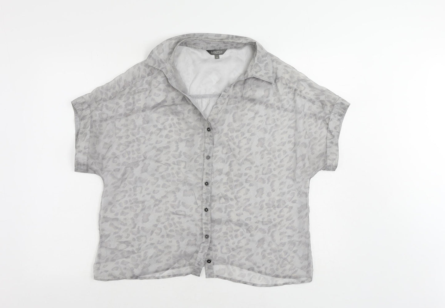 Marks and Spencer Womens Grey Animal Print Polyester Basic Button-Up Size 14 Collared - Sheer