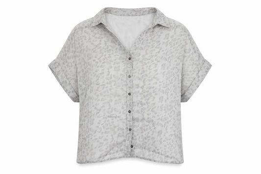Front view of Marks & Spencer women’s grey animal print polyester basic button-up, size UK 14, collared - sheer
