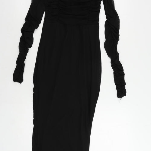 PRETTYLITTLETHING Womens Black Polyester Bodycon Size 8 Mock Neck - Ruched Sleeve