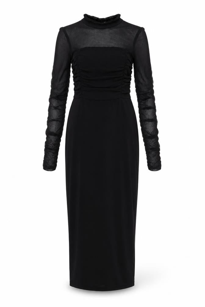 Front view of PRETTYLITTLETHING women’s black polyester bodycon, size UK 8, mock neck - ruched sleeve