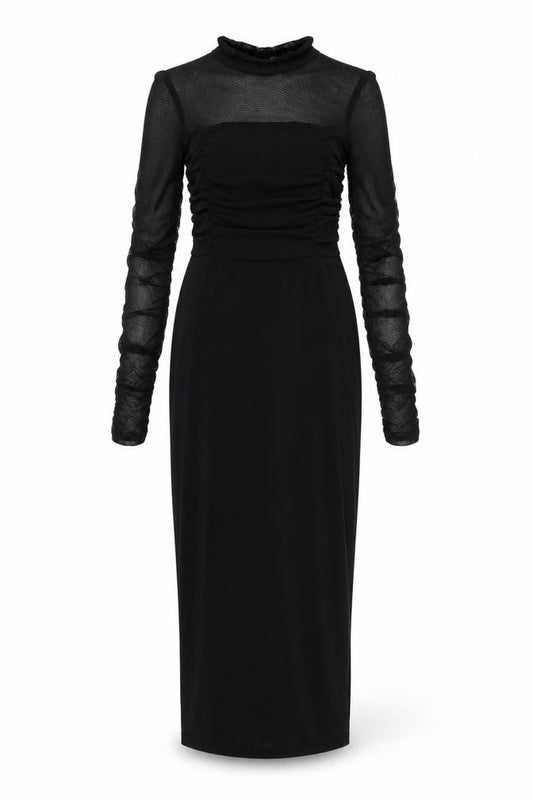 Front view of PRETTYLITTLETHING women’s black polyester bodycon, size UK 8, mock neck - ruched sleeve