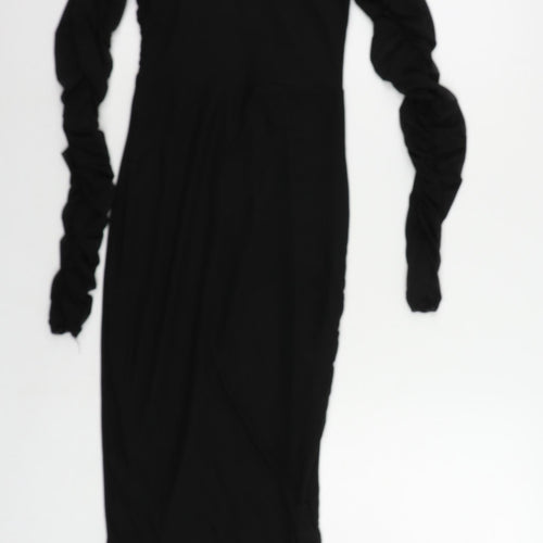 PRETTYLITTLETHING Womens Black Polyester Bodycon Size 8 Mock Neck - Ruched Sleeve