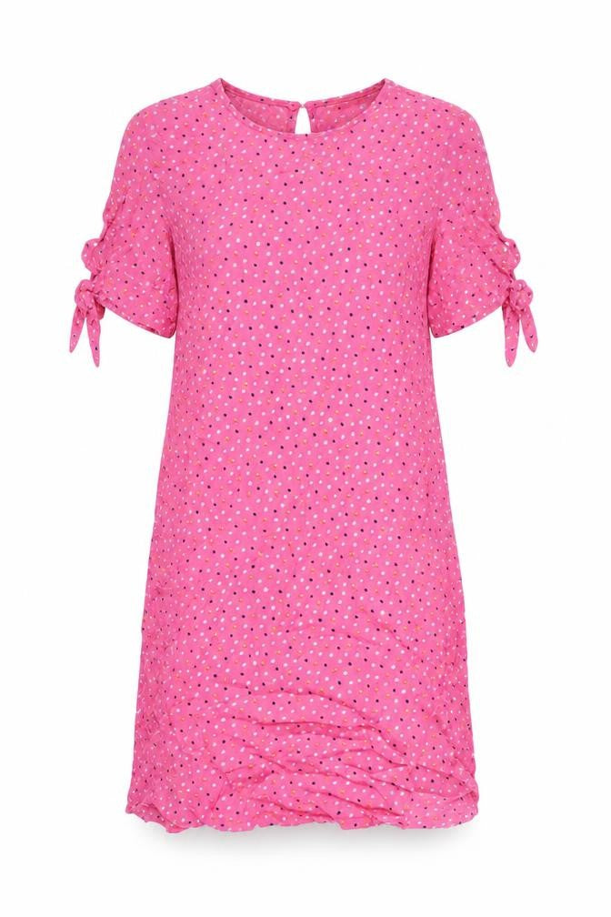 Front view of Monki women’s pink geometric viscose a-line, size XS, round neck button