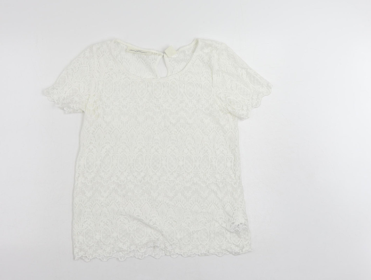 H&M Womens White Cotton Basic Blouse Size 10 Round Neck